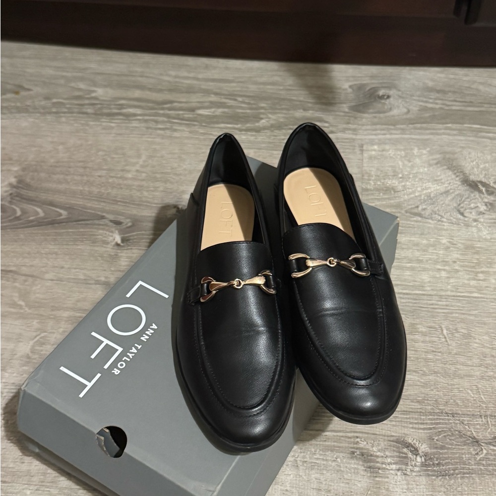 LOFT Black Leather Slip-On Loafers with Gold Bit
